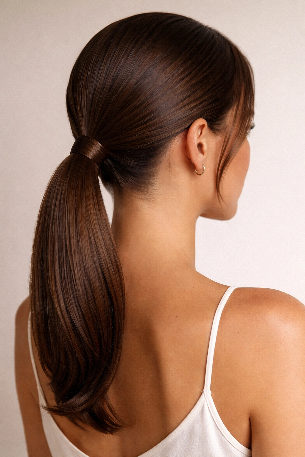 Close-up of a sleek low ponytail at the nape of the neck