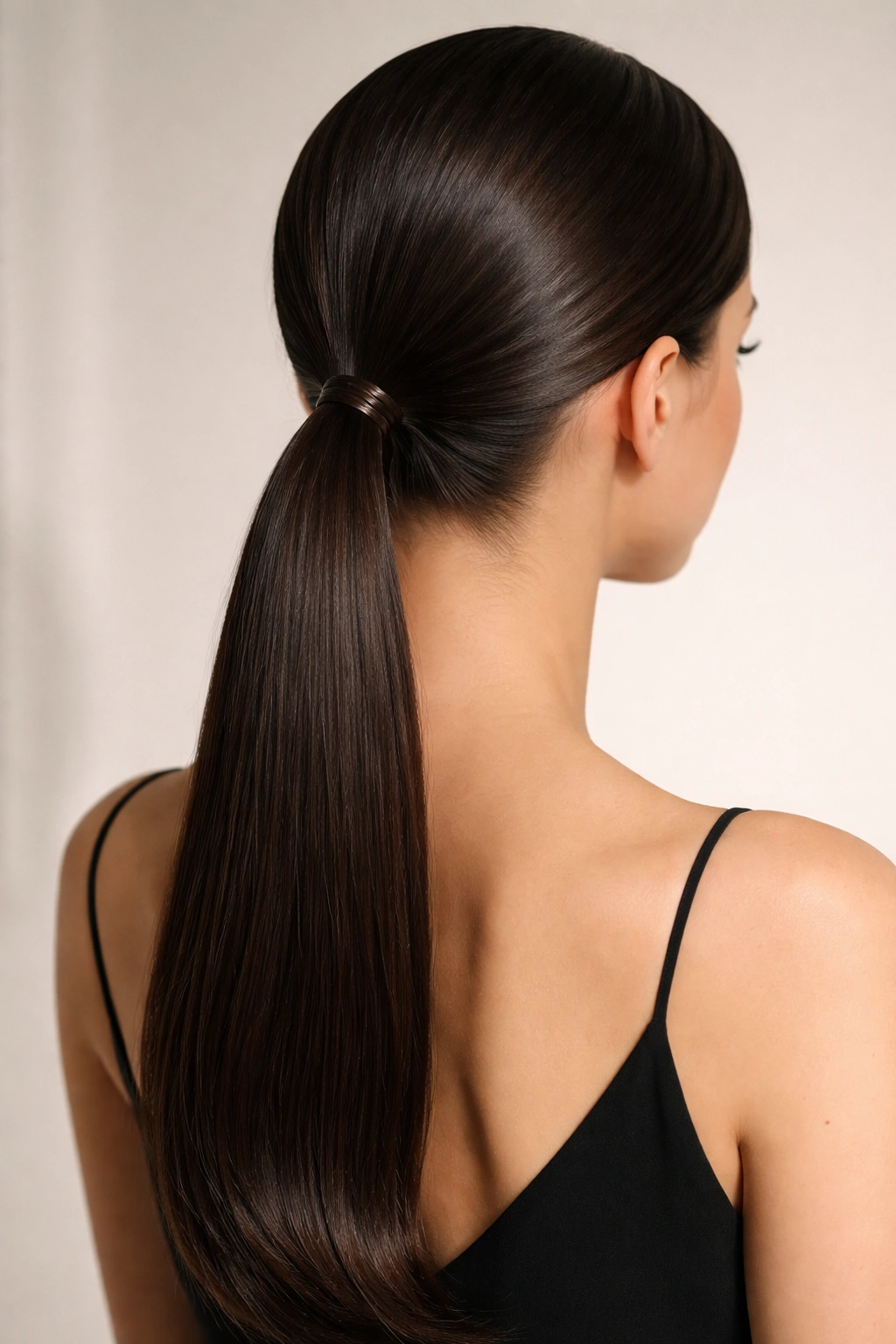 Low sleek ponytail at nape with smooth glossy finish
