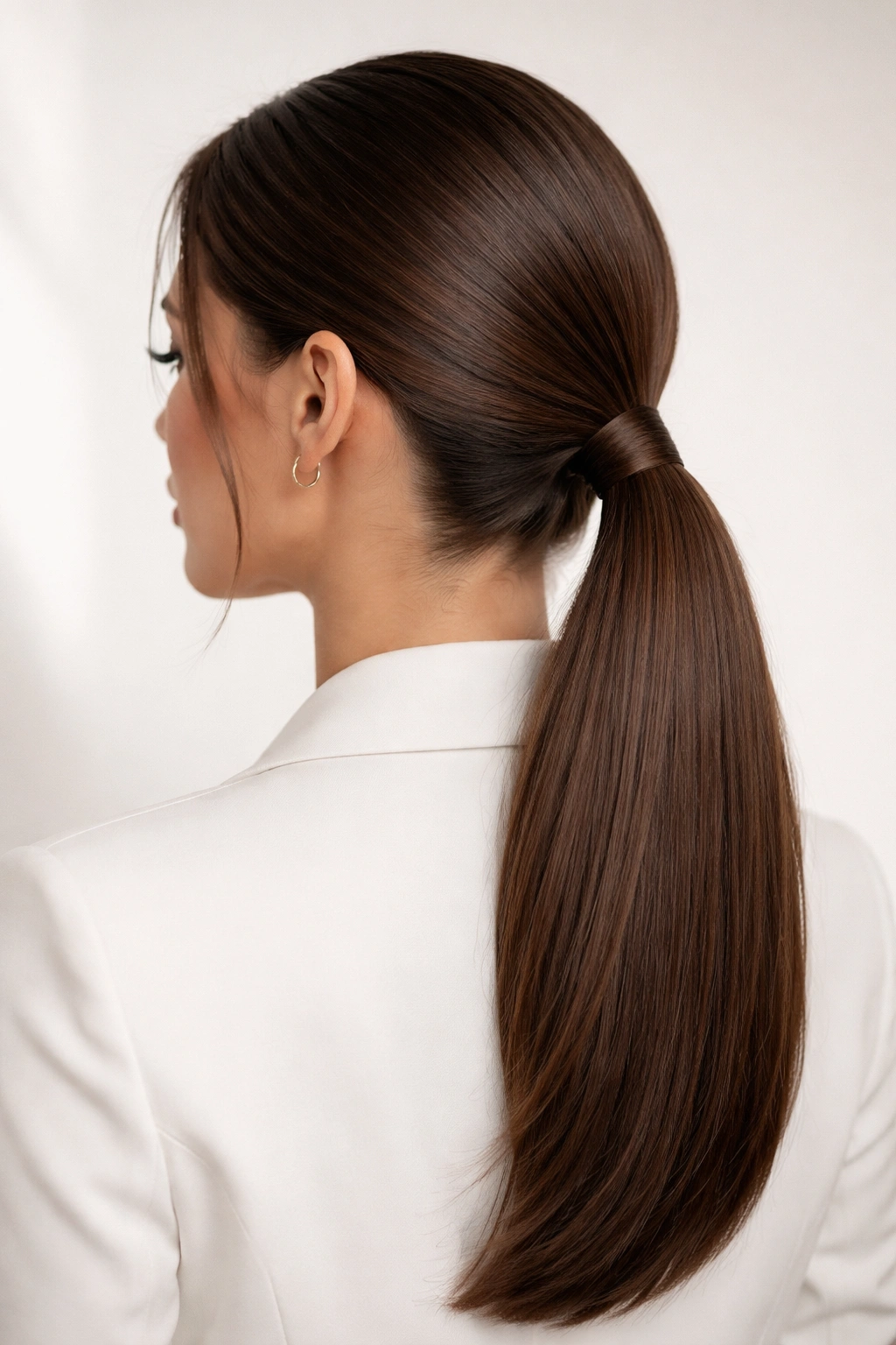 Low ponytail at base of neck with smooth straight hair.