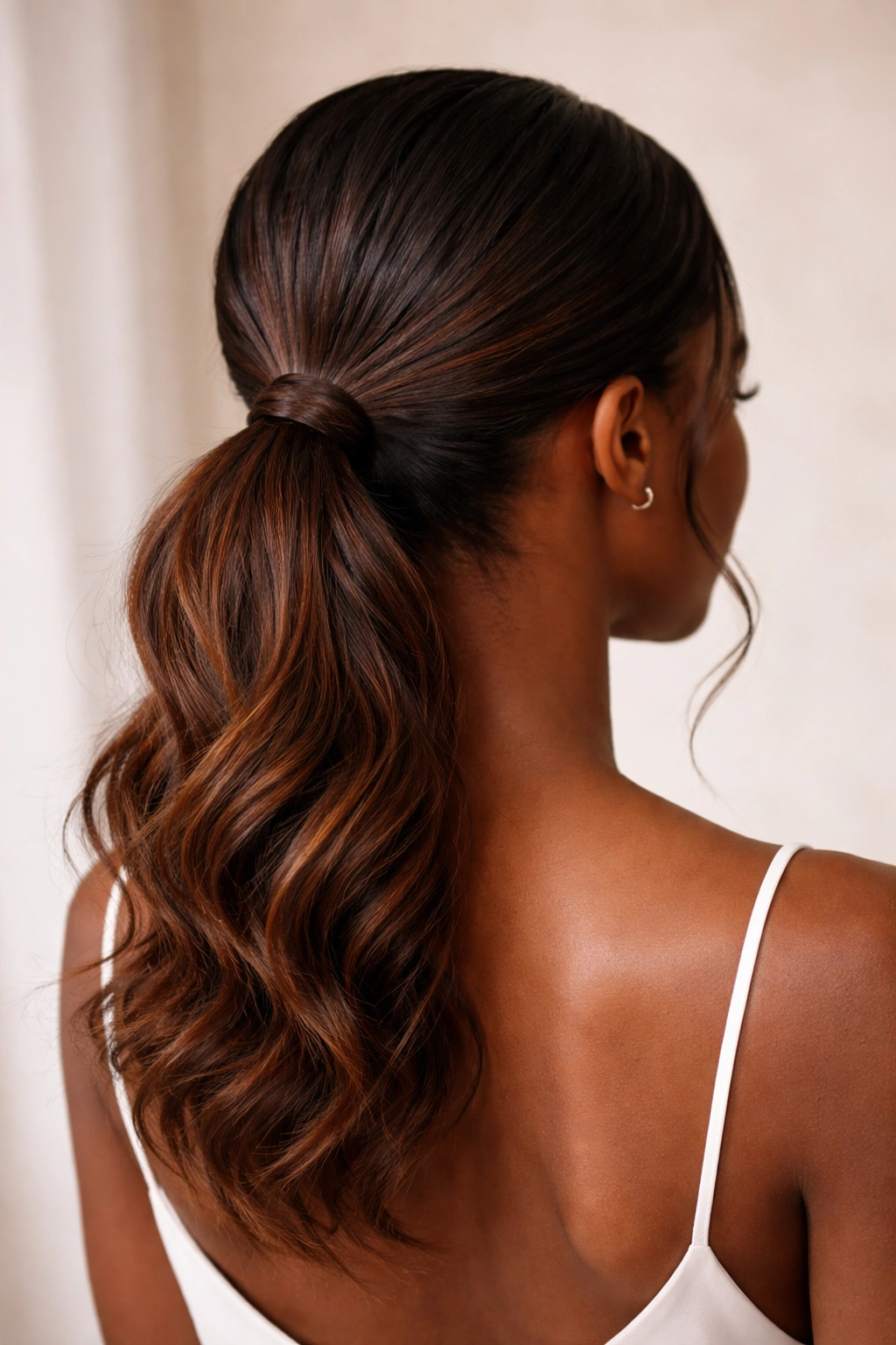 Low ponytail at nape with textured ends in warm brown tones