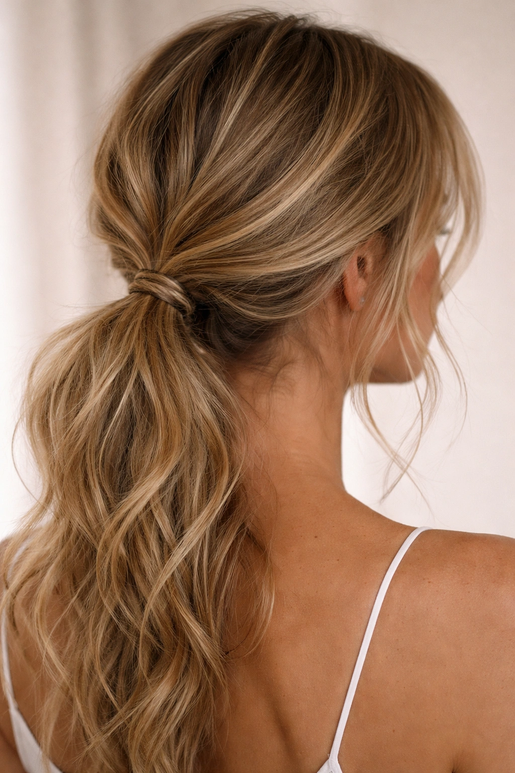 Close-up of a loose textured low ponytail at the nape with irregular waves and flyaways