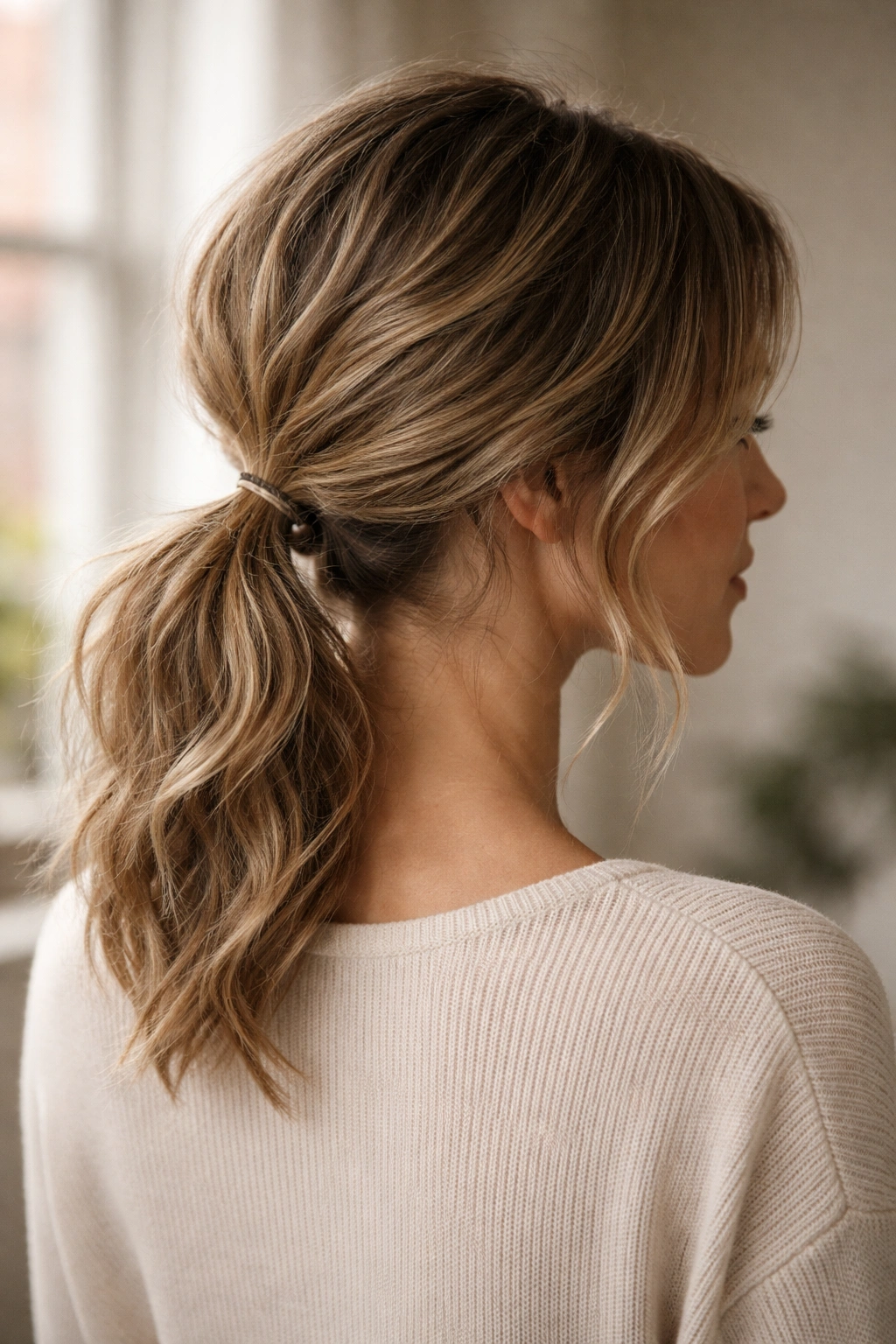 Low ponytail at the nape with textured waves on short hair