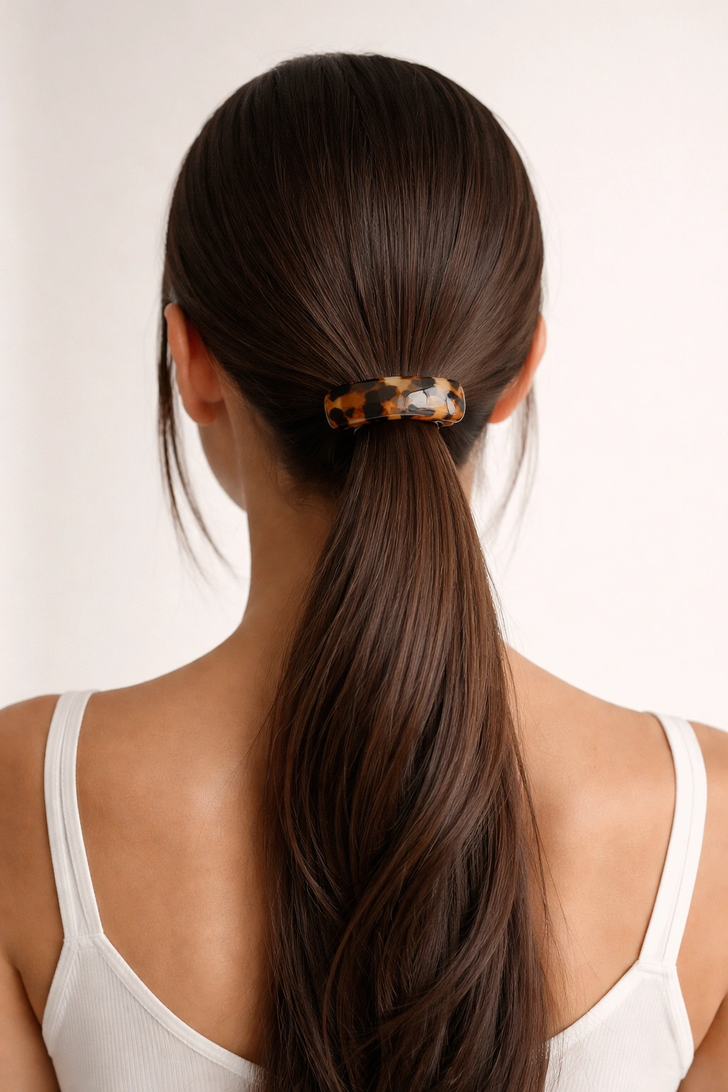 Sleek low ponytail secured with tortoiseshell clip