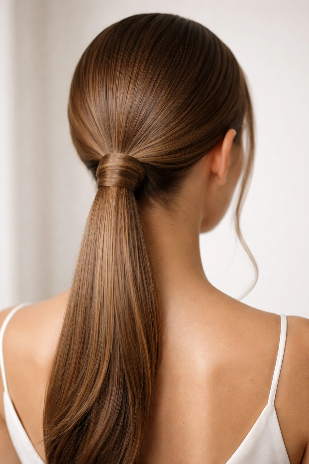 Close-up of a sleek low ponytail with twisted wrap on straight hair