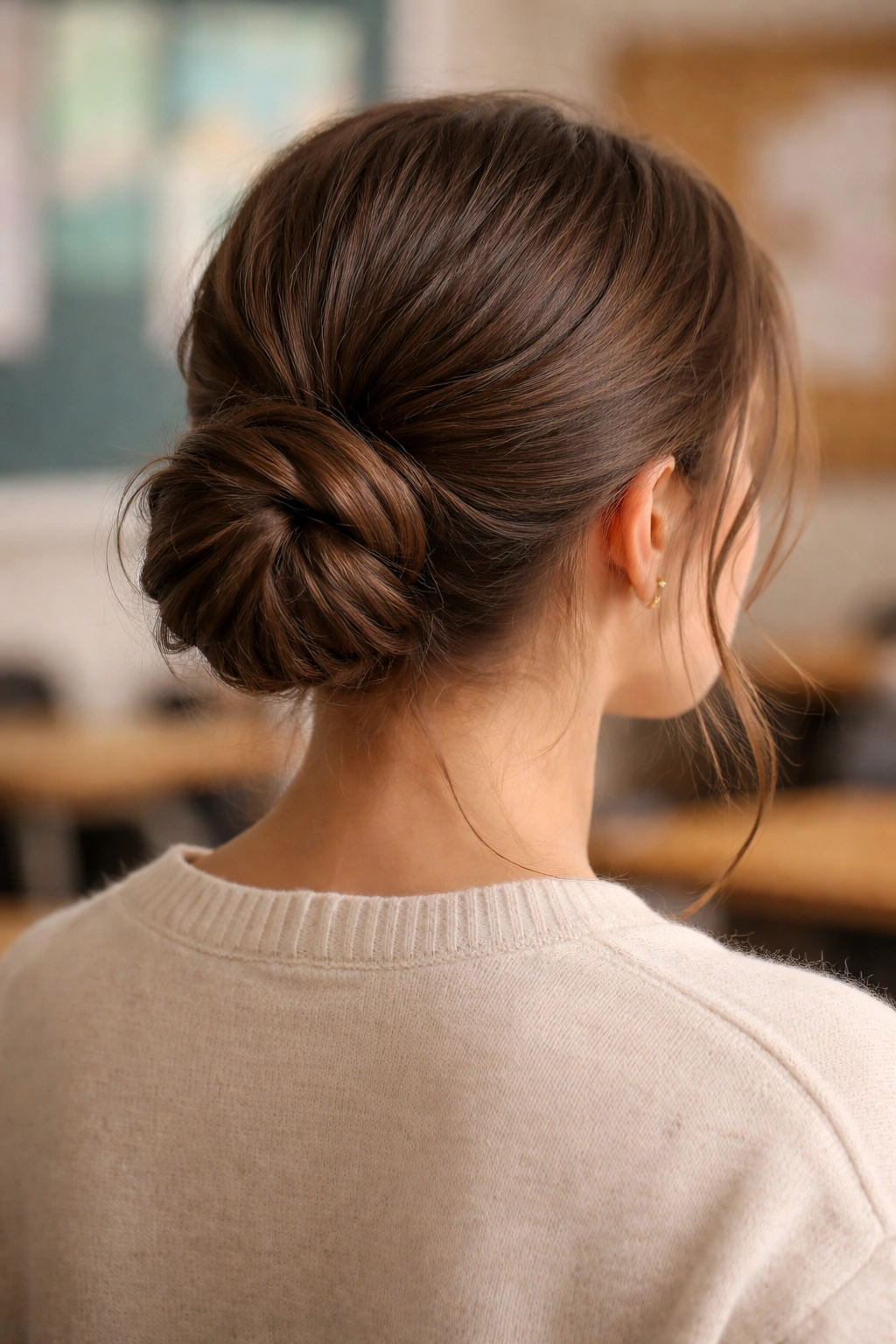 Back view of a low rope-twist bun at the nape with wispy face-framing pieces