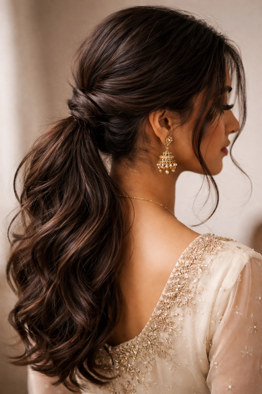 Close-up of a low twisted ponytail with face-framing strands on neutral studio backdrop