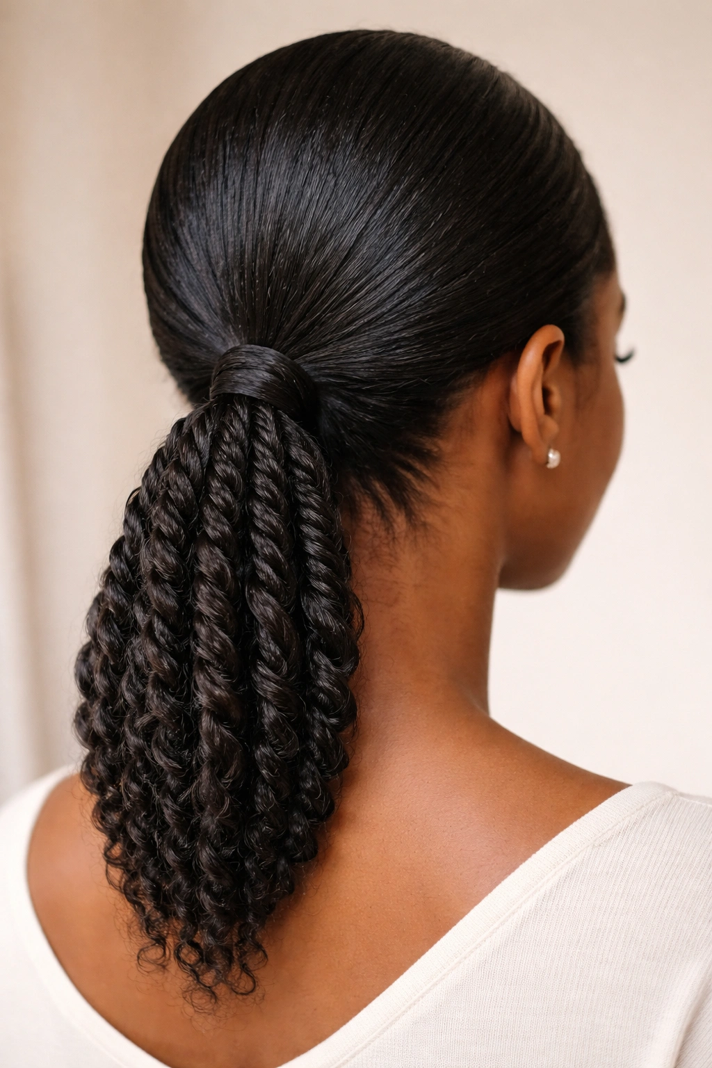 Back view of a low ponytail with twists at the nape