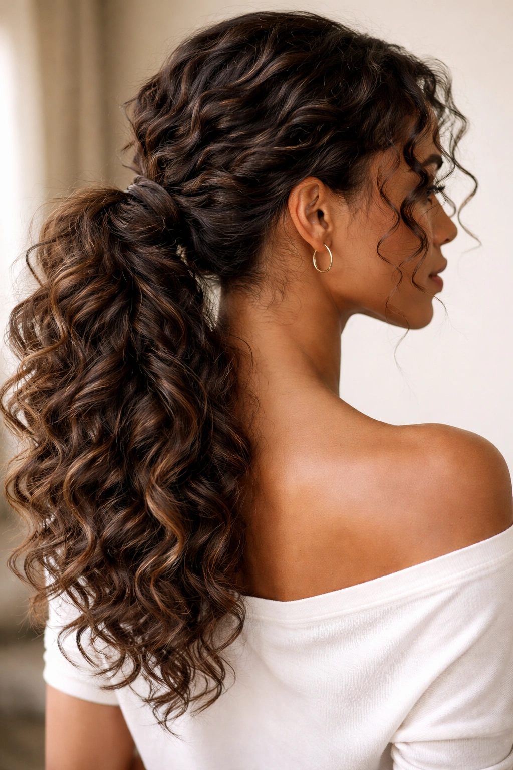 Low ponytail with multiple twists creating voluminous texture