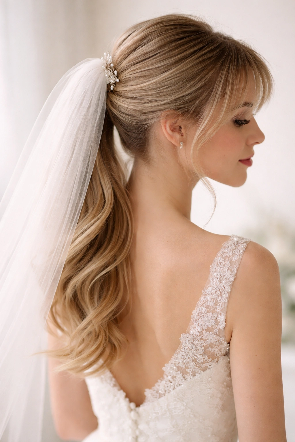 Close-up of a classic low ponytail with wispy bangs and veil anchored at the crown