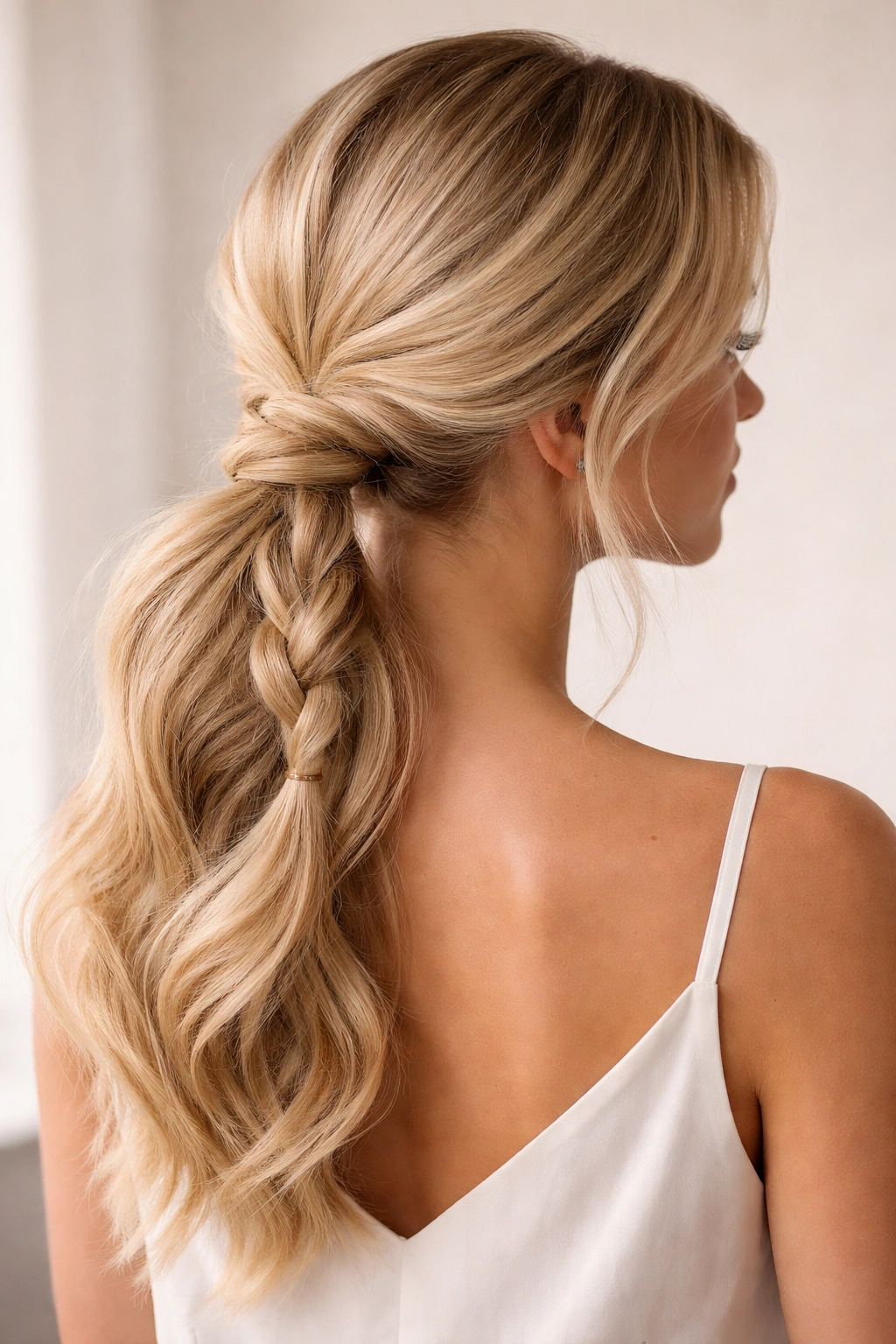 Low ponytail with wrapped loose braid at nape in blonde tones