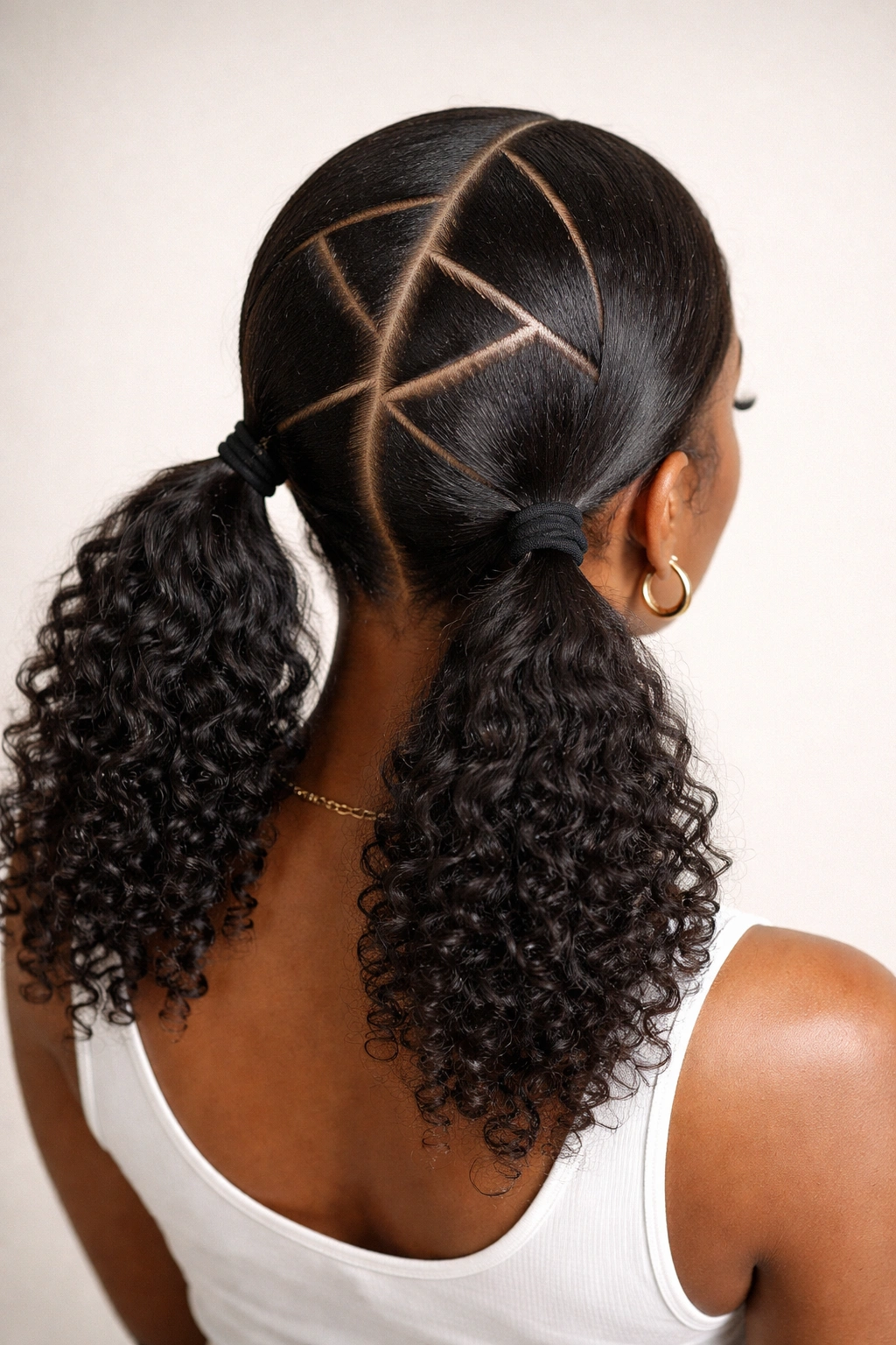 Low double ponytails with geometric parting lines