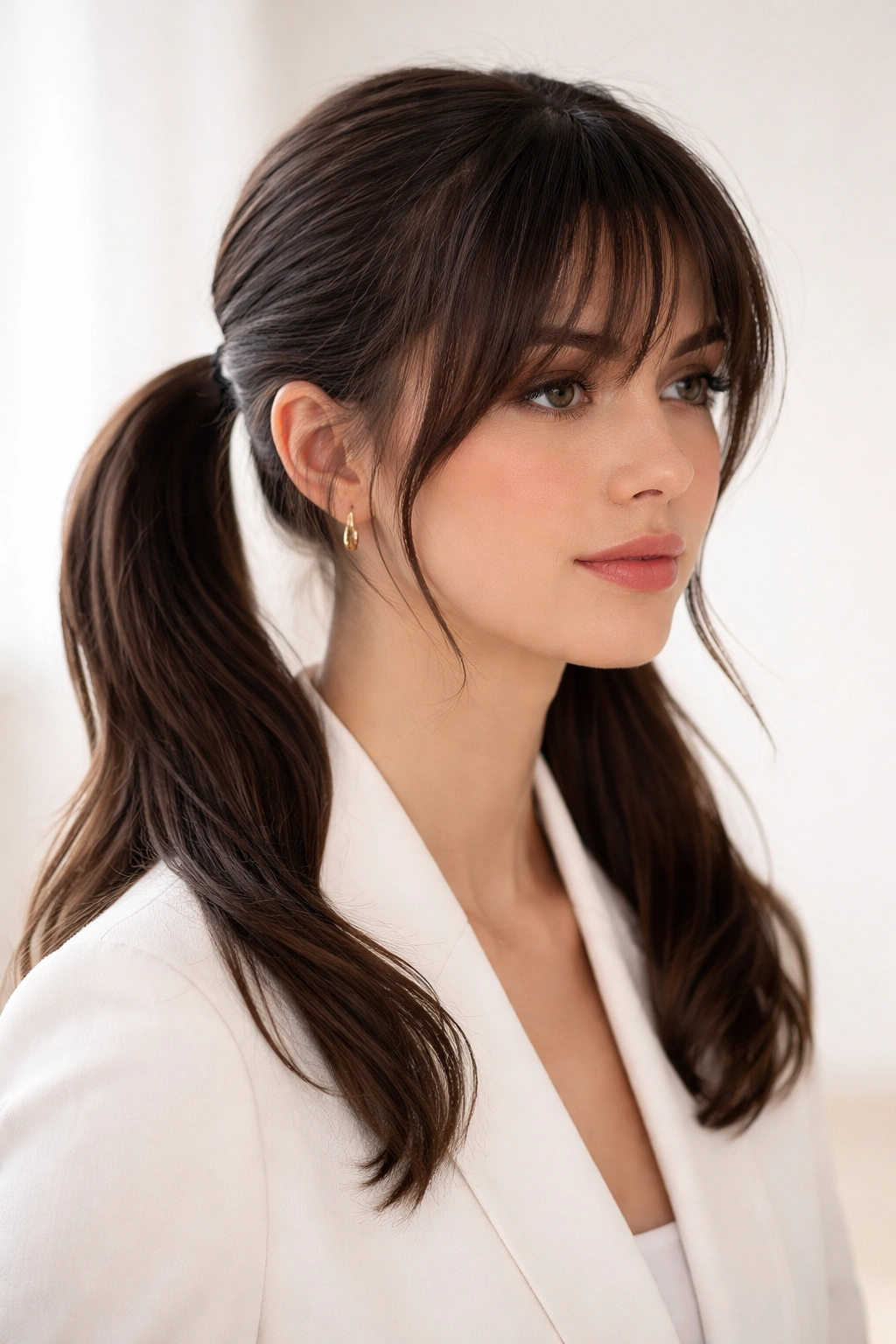 Sleek low double ponytails with wispy bangs in a professional look