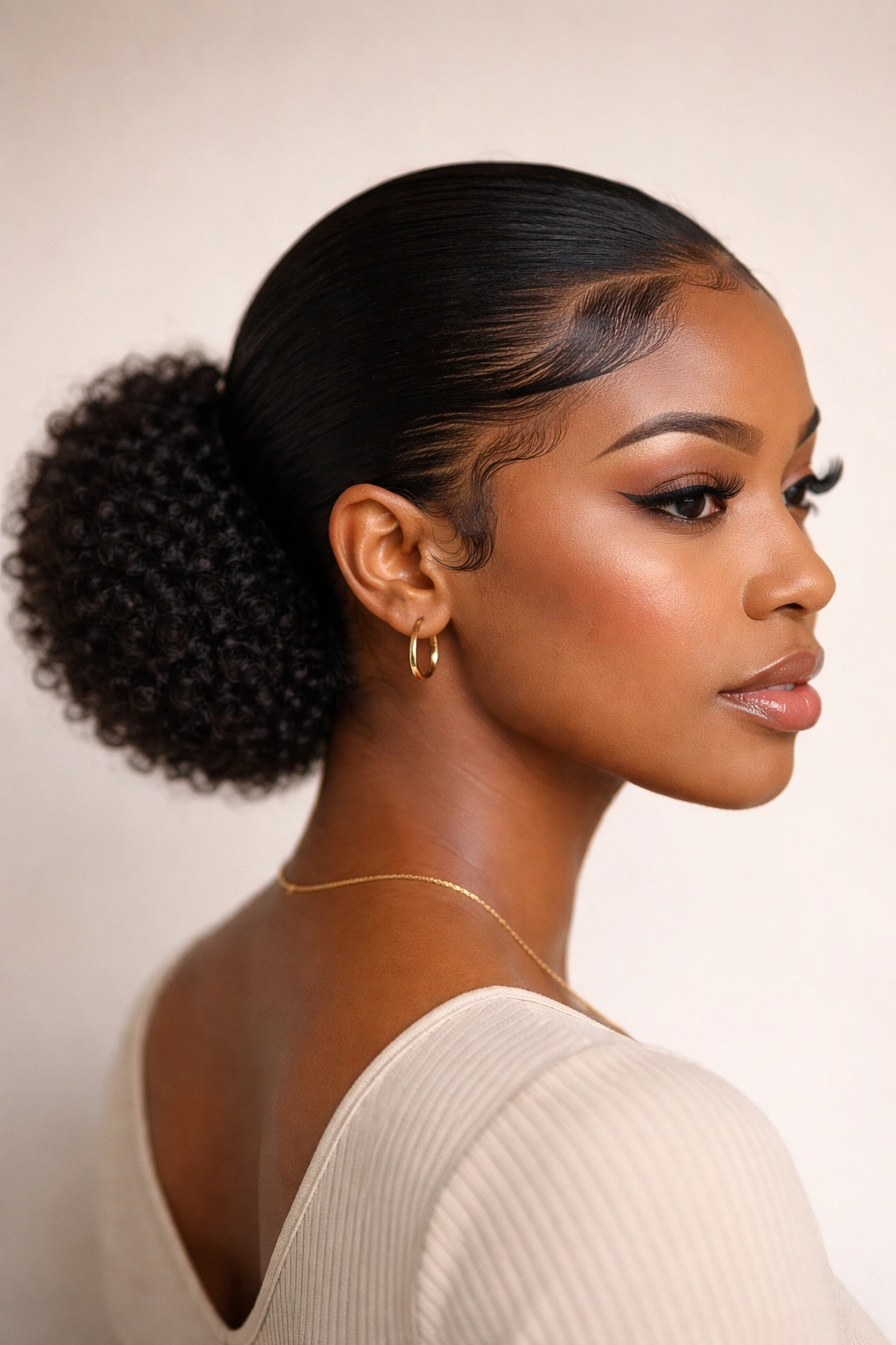Sleek low puff with edge control showing a smooth hairline
