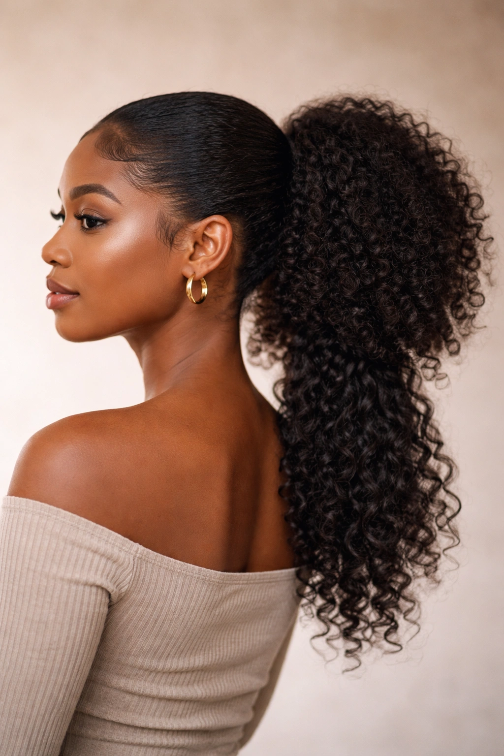 Low puff ponytail with a hanging tail showing natural texture