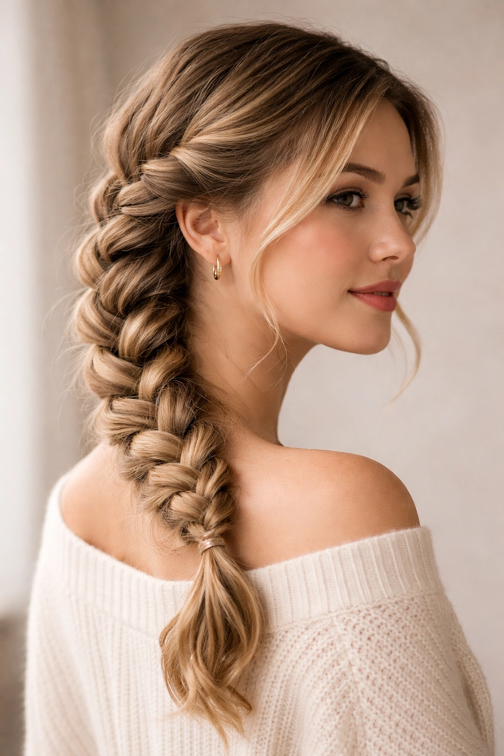 Diagonal low-side French braid starting at temple and crossing toward the neck