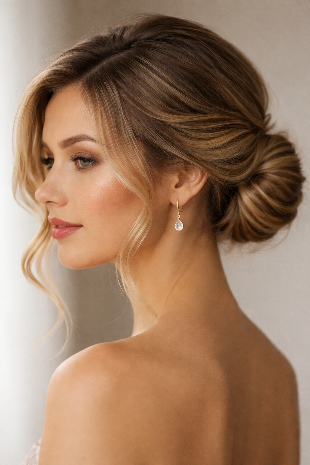 Close-up of a low side bun with pinned waves on wavy hair