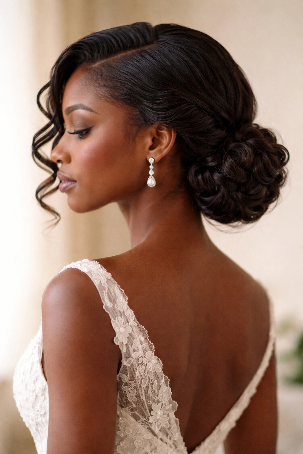 Low side knot with swooping coils framing the face