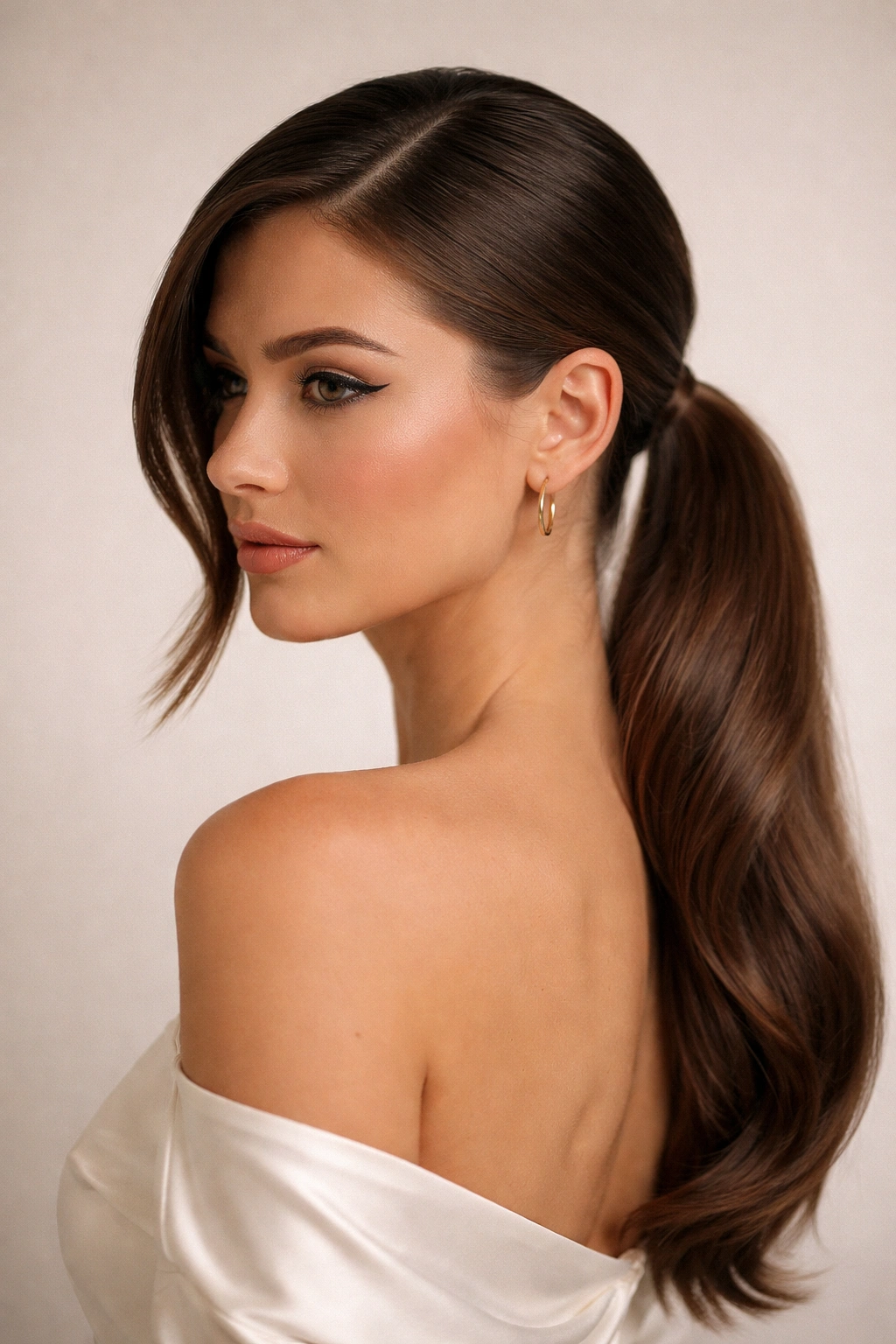 Close-up portrait of a person showcasing a sleek low-side-part ponytail against a neutral studio backdrop