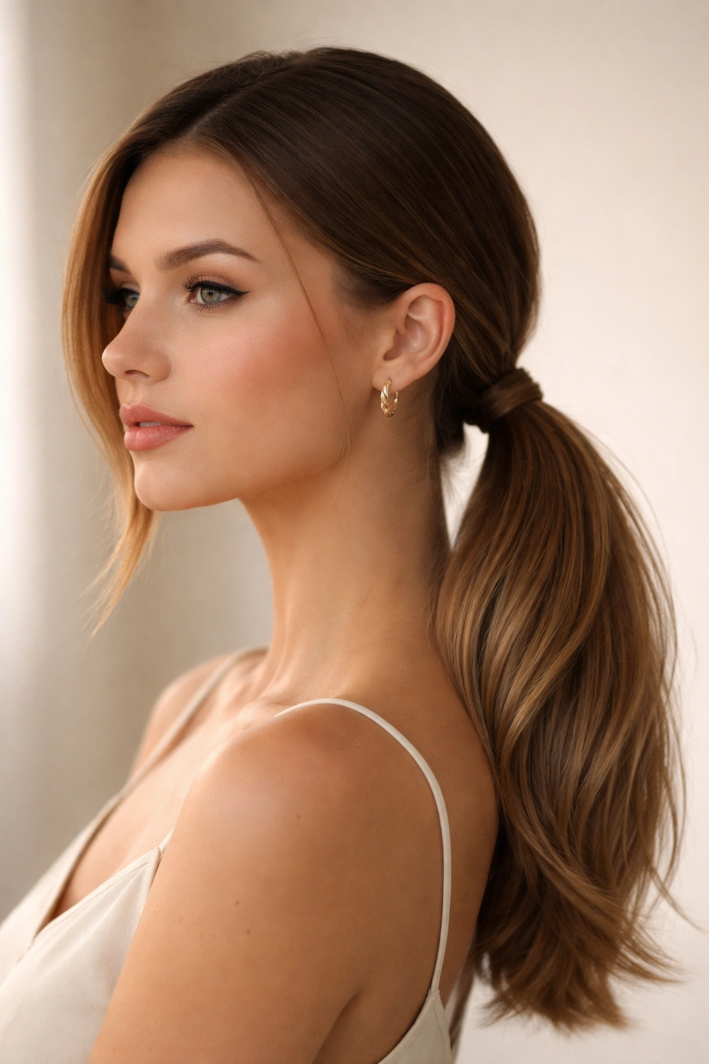 Low side ponytail positioned behind the ear with off-center placement