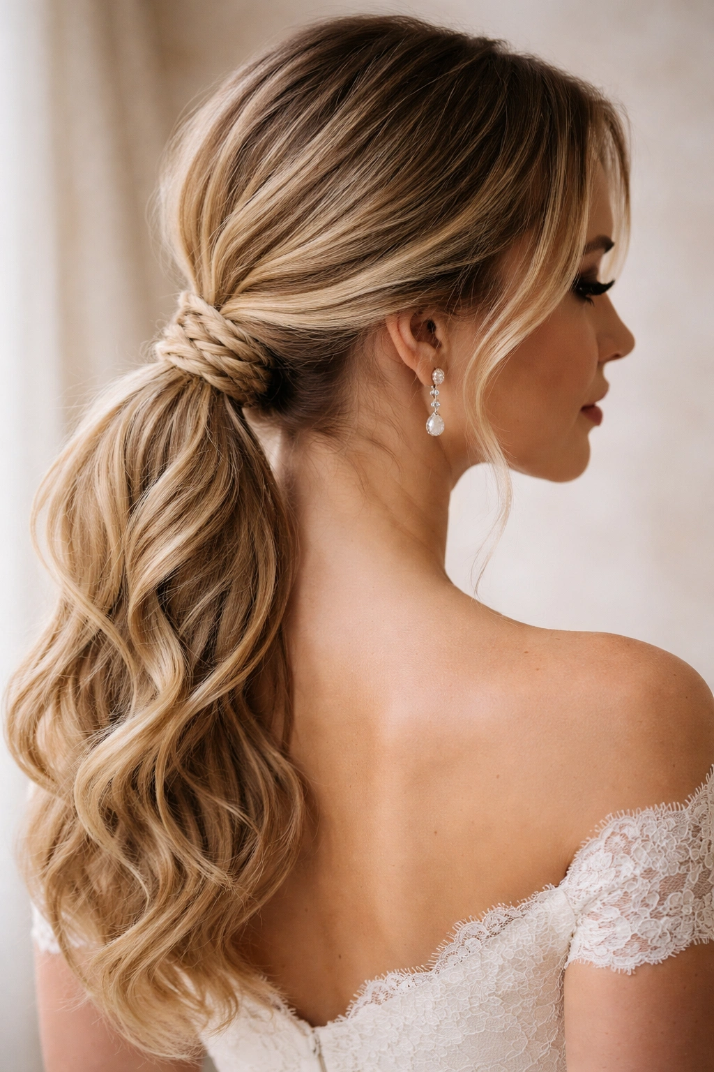 Low side ponytail with braided wrap around elastic