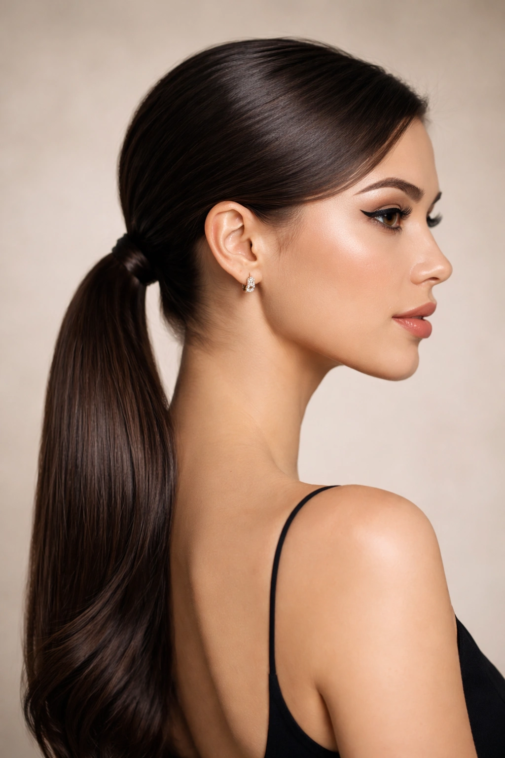 Close-up of a sleek low side ponytail at the nape of the neck.