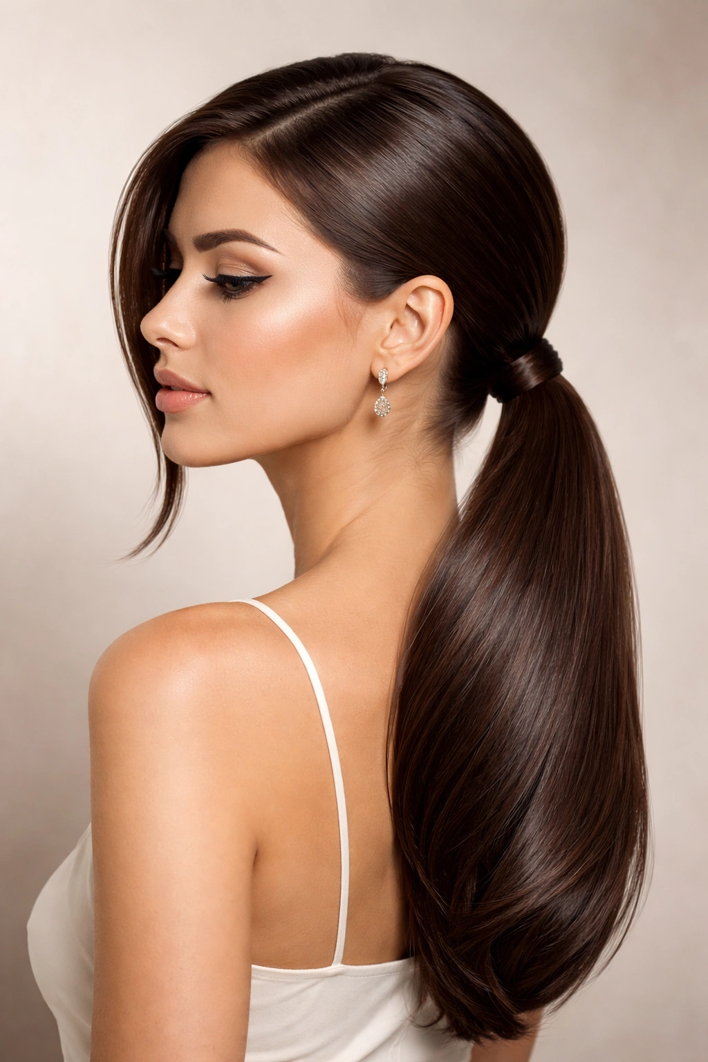 Low side ponytail swept to one side with a smooth glossy finish