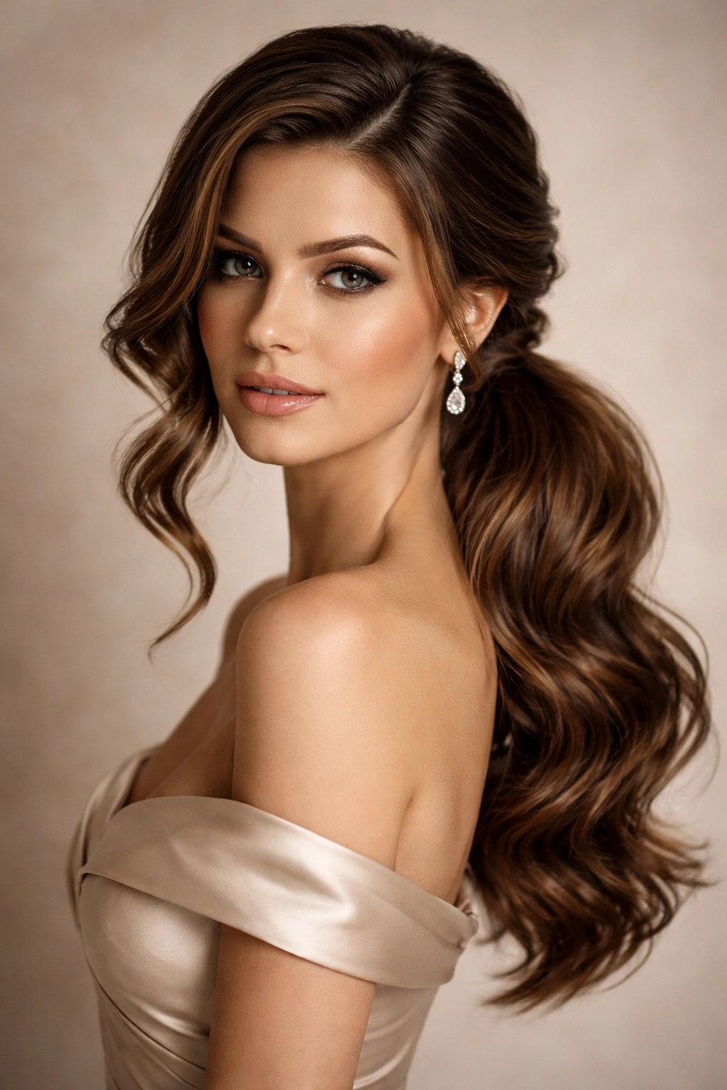 Medium-length waves frame the face with a dramatic ultra-low ponytail at the nape