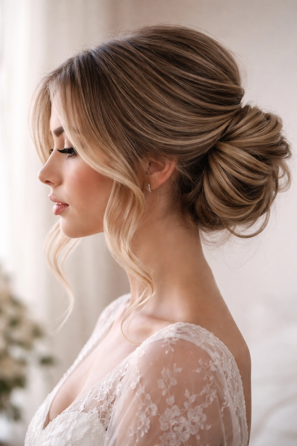 Side view of low, voluminous side-swept bun with soft waves