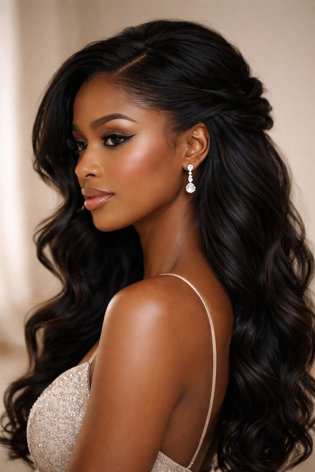 Profile view of a low side-swept twisted half up hairstyle