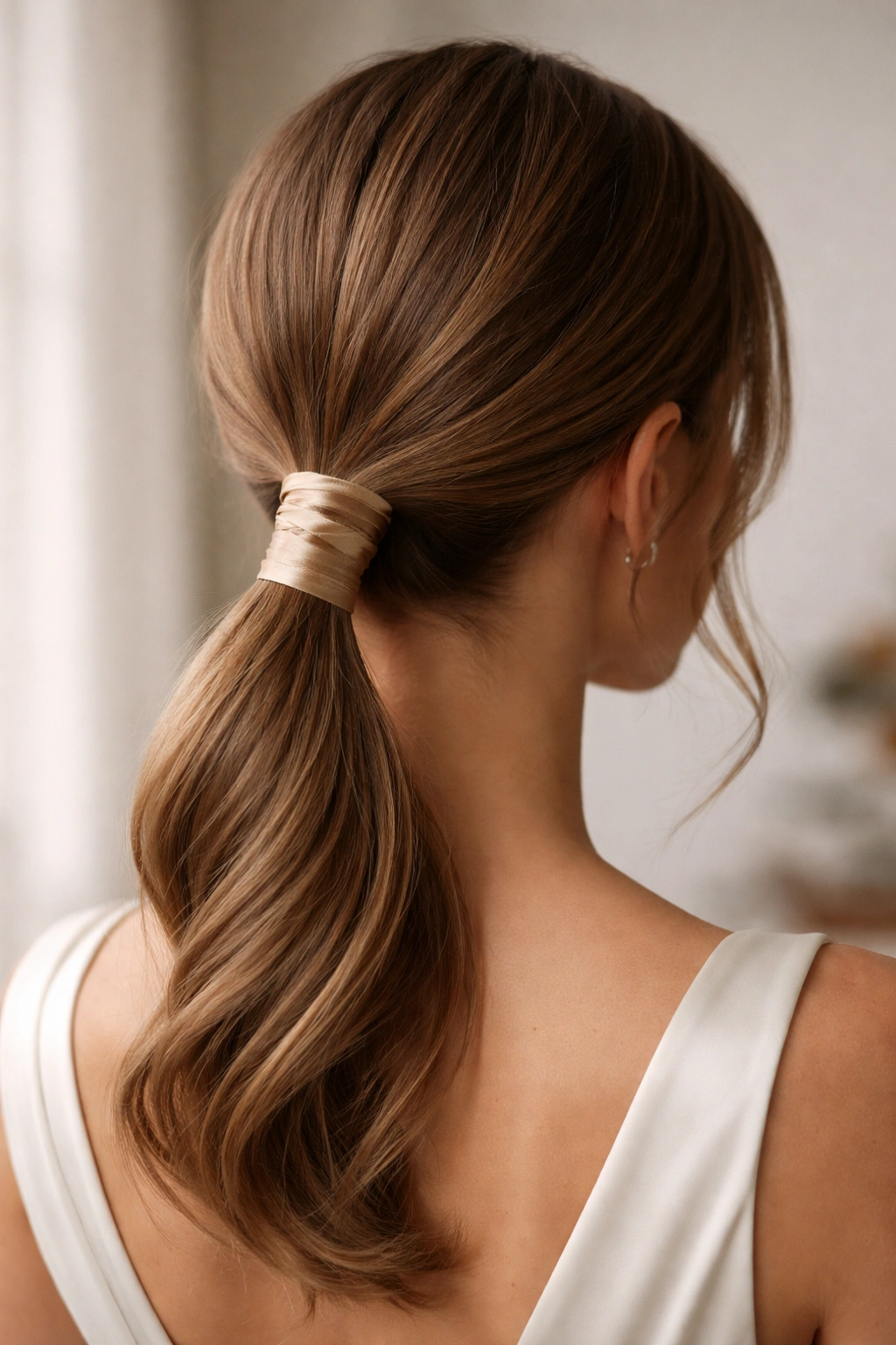 Low ponytail at the nape with a silky ribbon wrapping the base