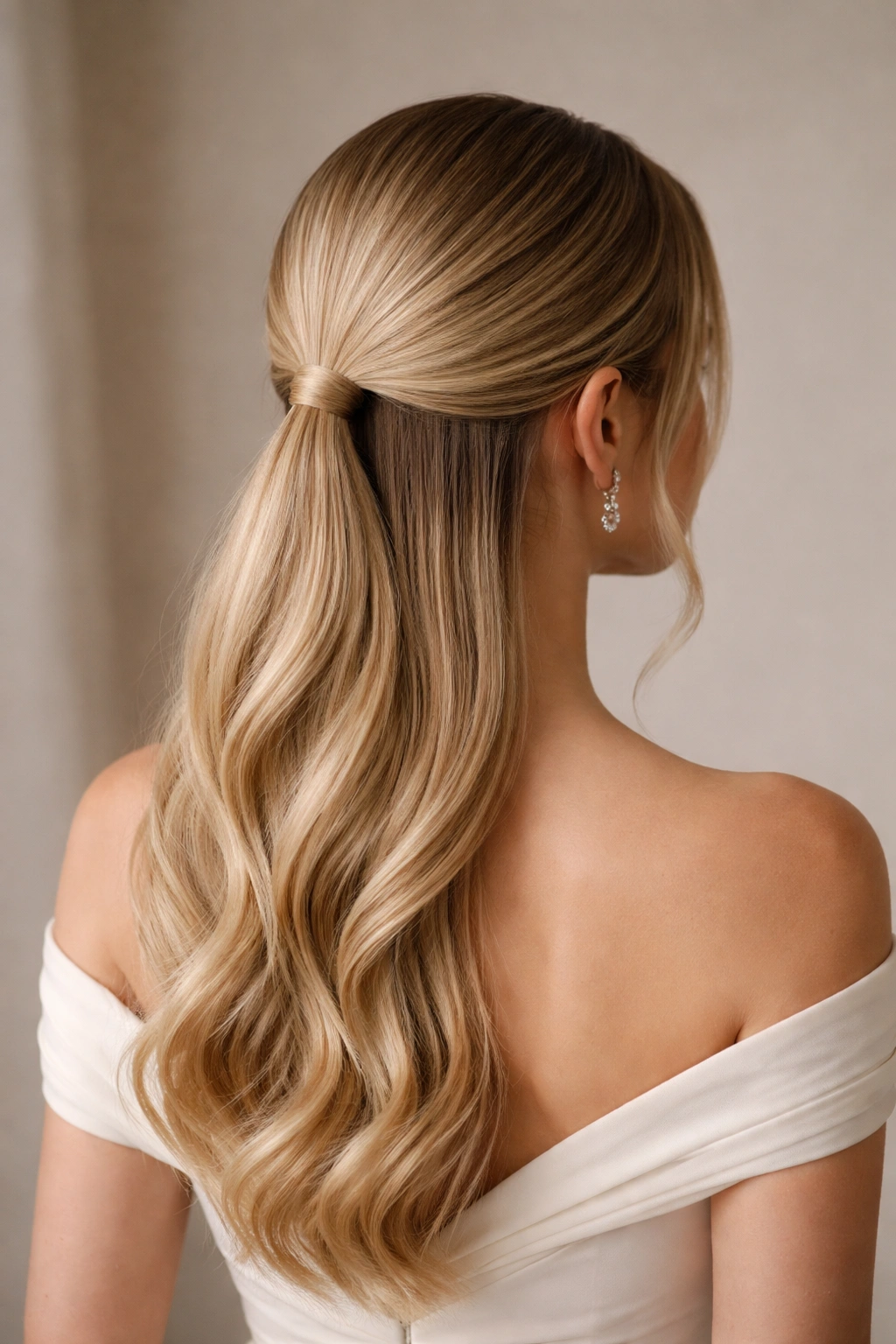 Back-view close-up of Low Sleek Half Ponytail at the nape with a glossy finish