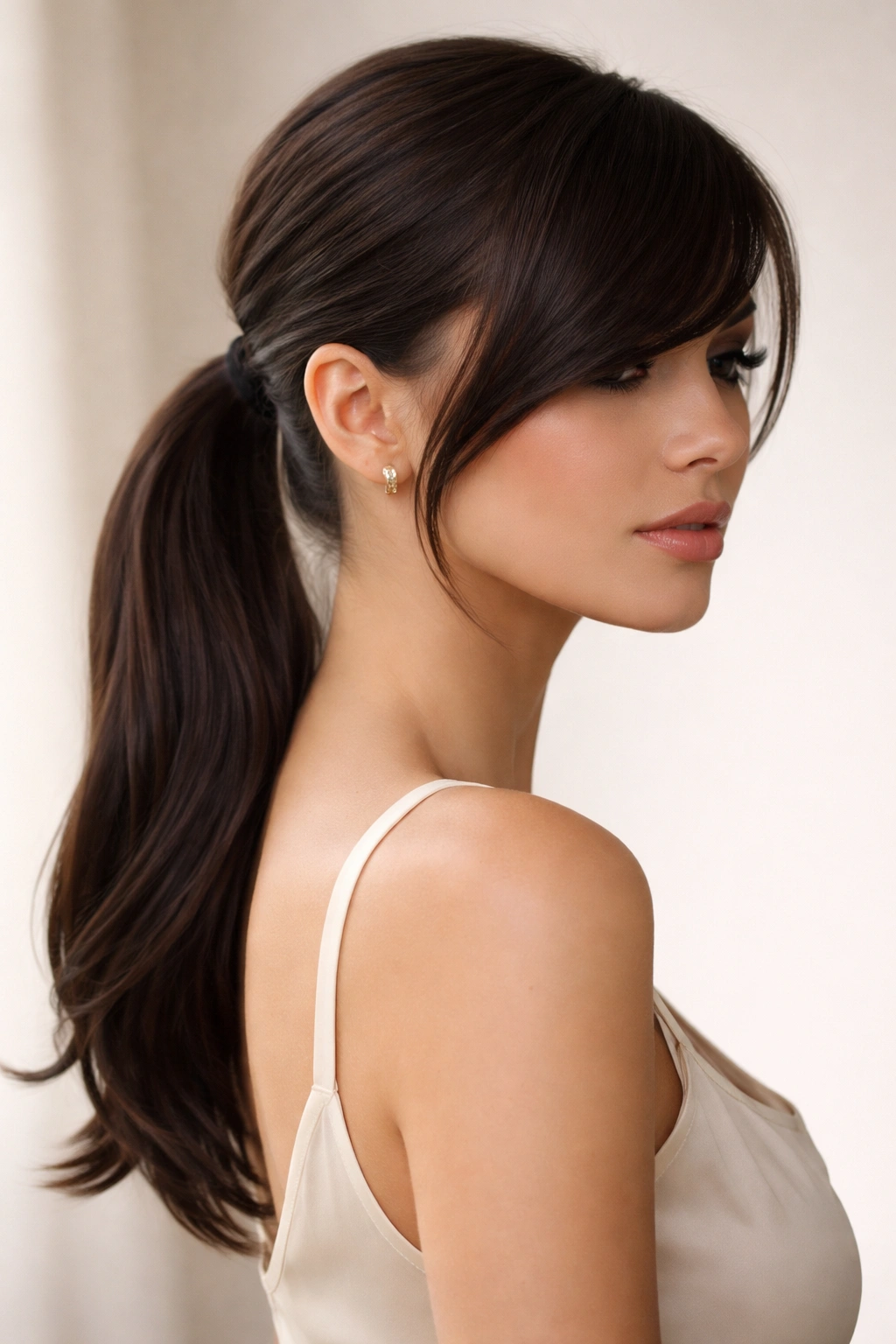 Elegant low sleek ponytail with side-swept bangs against neutral backdrop