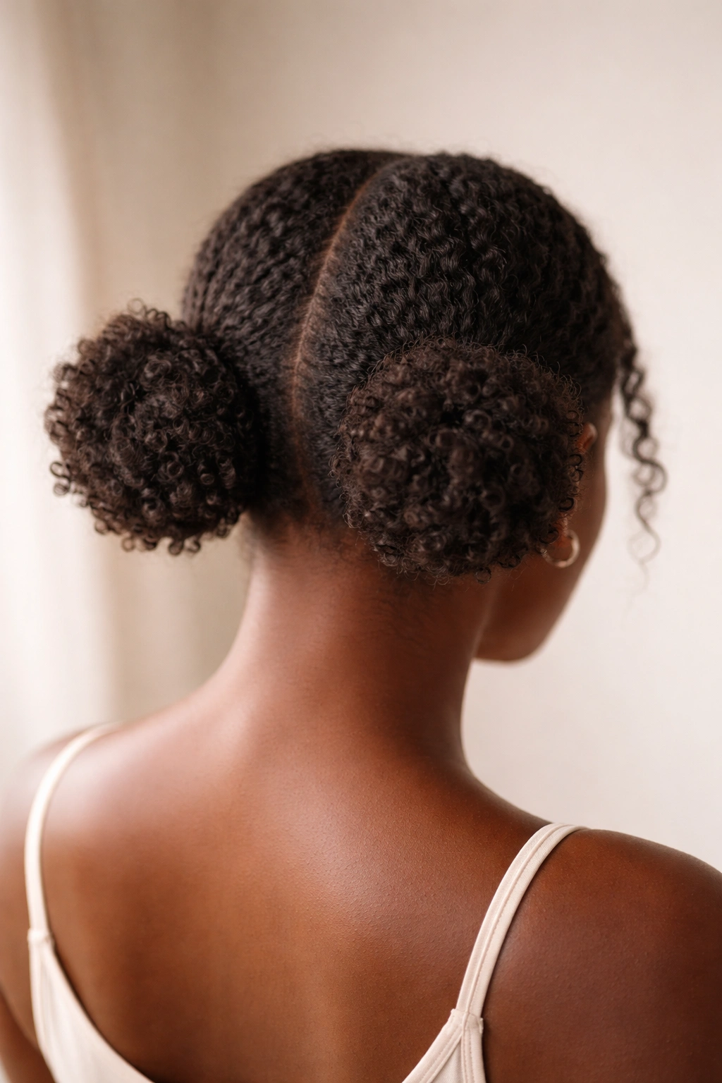 Close-up of Low Space Buns at nape showing refined silhouette