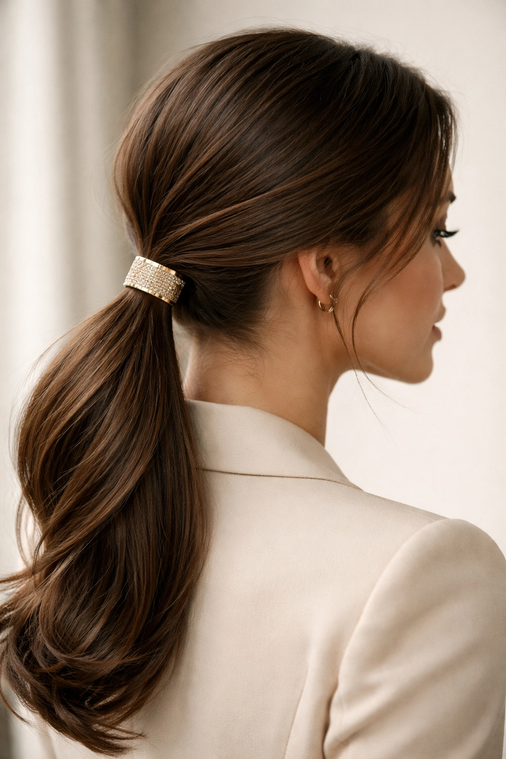 Low swoop ponytail with a delicate hair cuff at the base