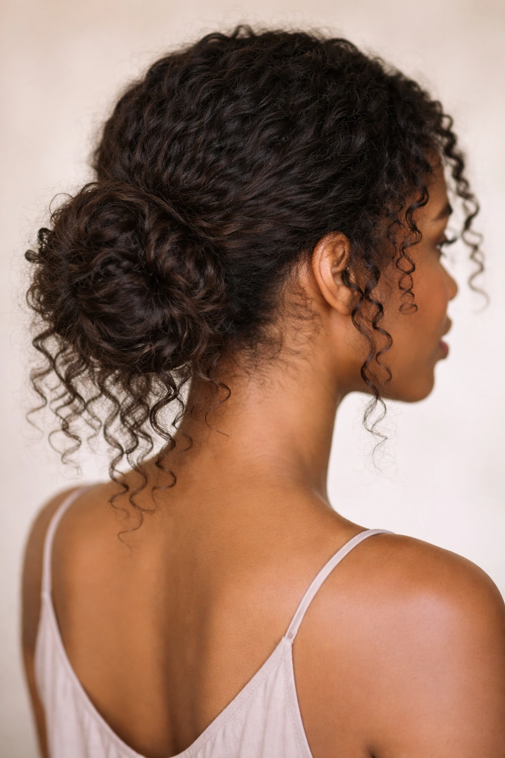 Low-positioned textured bun at the nape showing curl texture