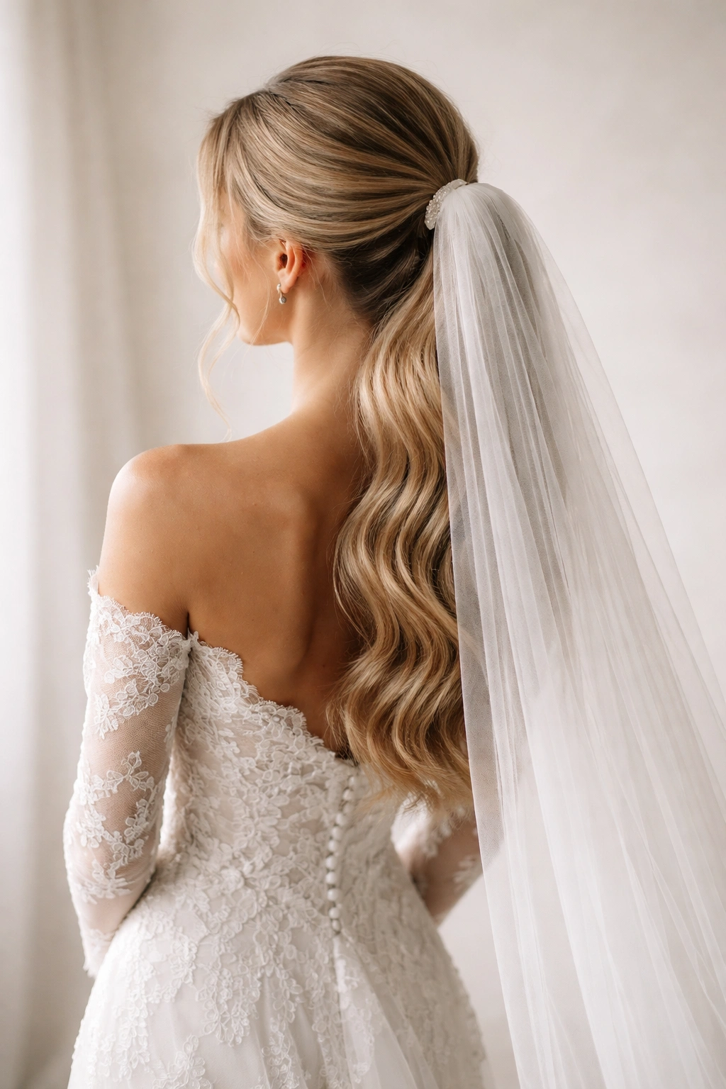 Portrait of a woman with a low textured ponytail and cathedral veil
