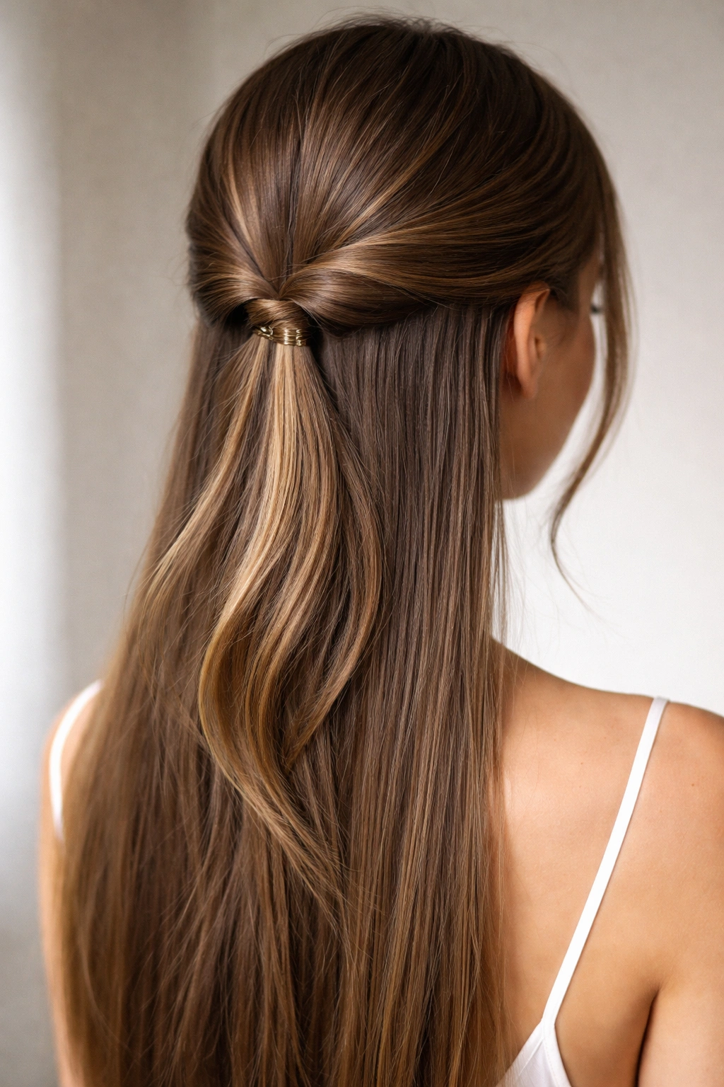 Low twisted half-up hairstyle with loose ends at the nape