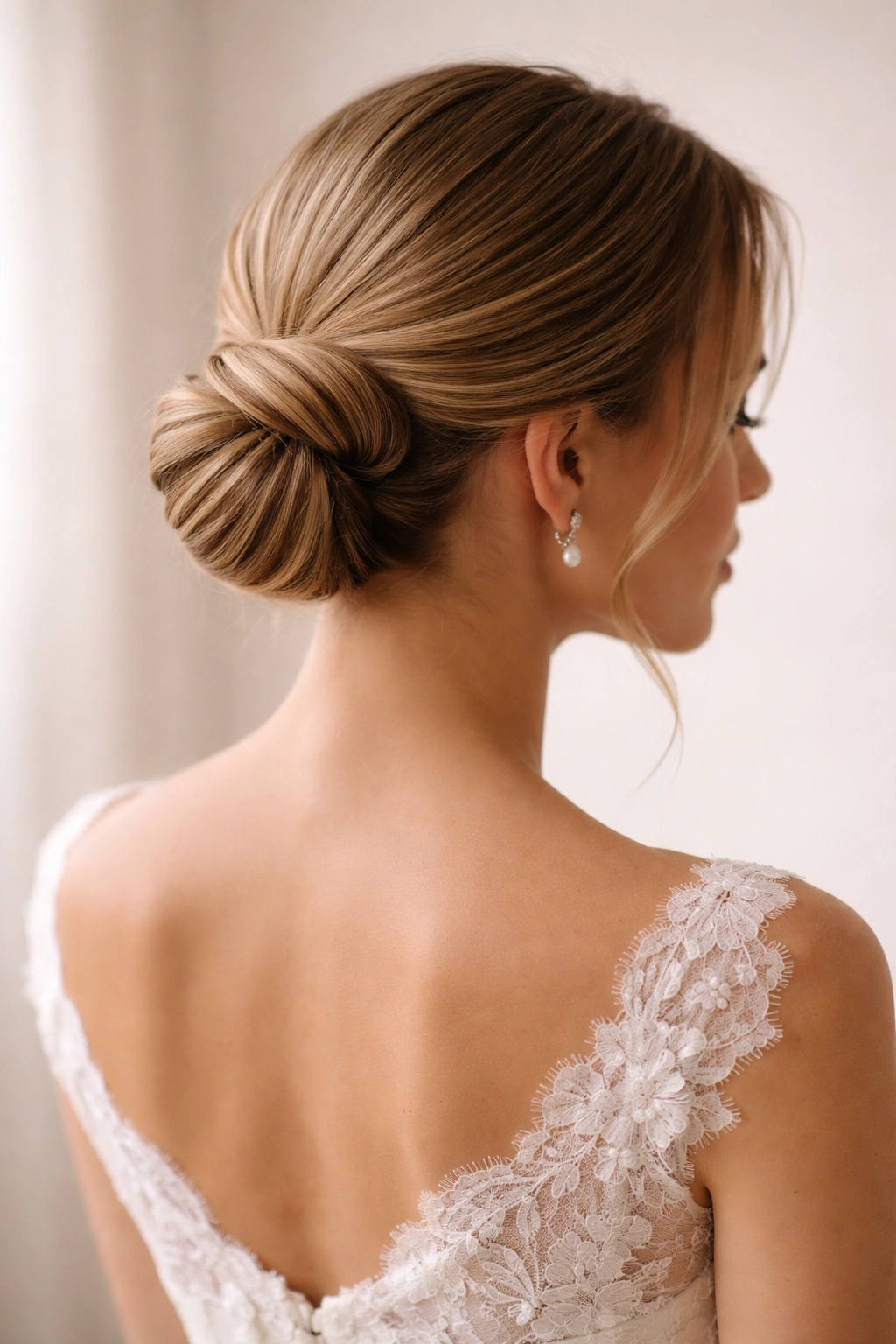 Bride with a low twisted bun at the nape showing twist detail