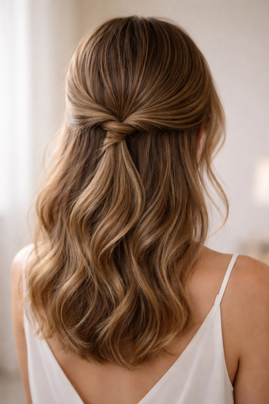 Low twisted half up half down hairstyle with twists at the nape