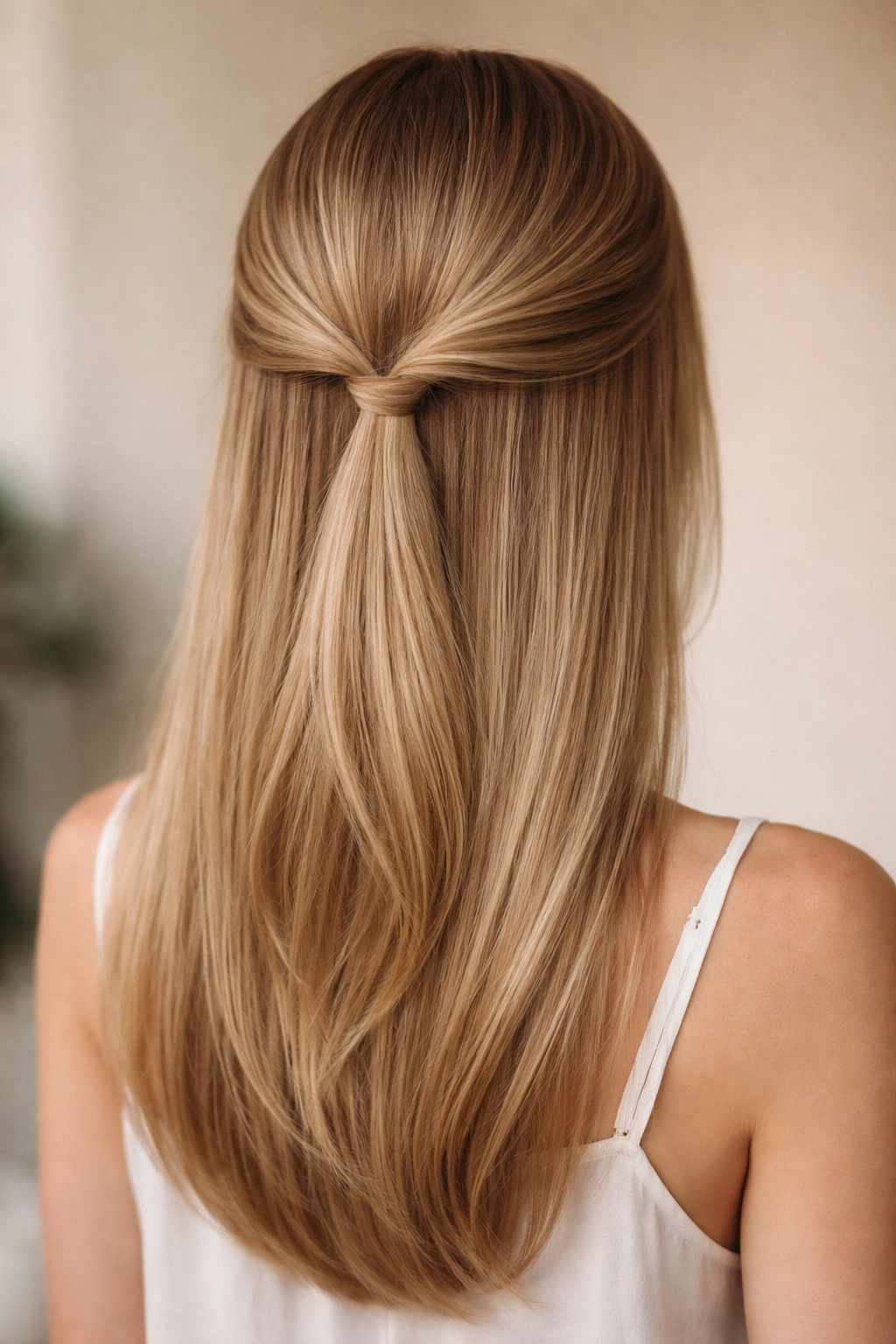 Straight hair with two low twists secured at the nape of the neck