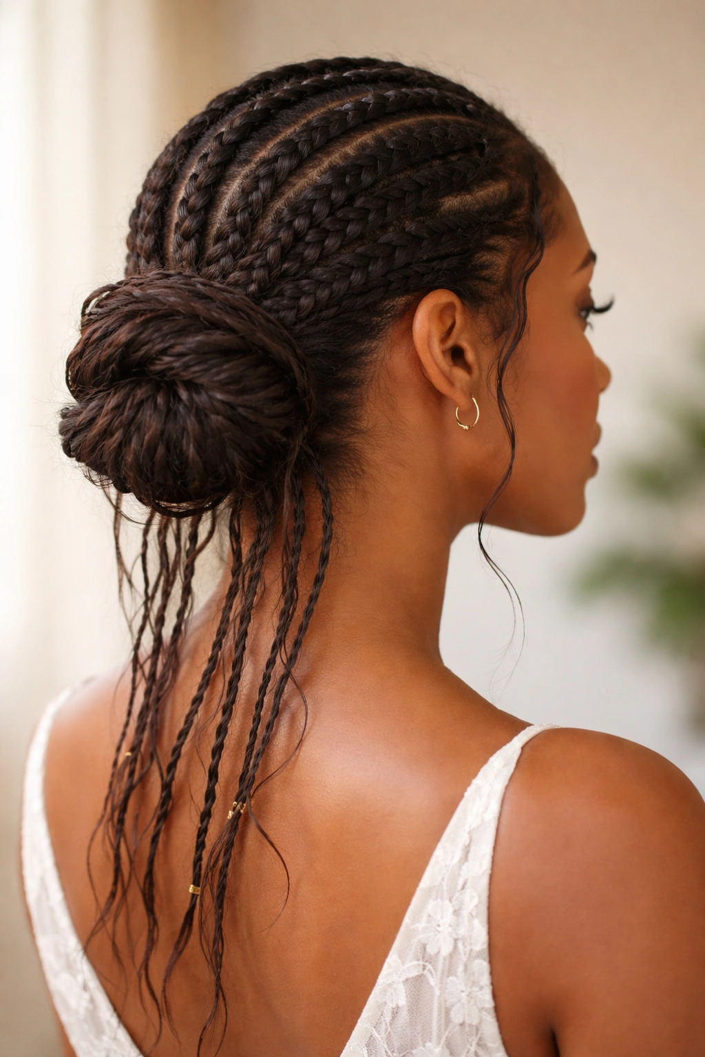 Low twisted knot updo with loose baby braids wedding hairstyle