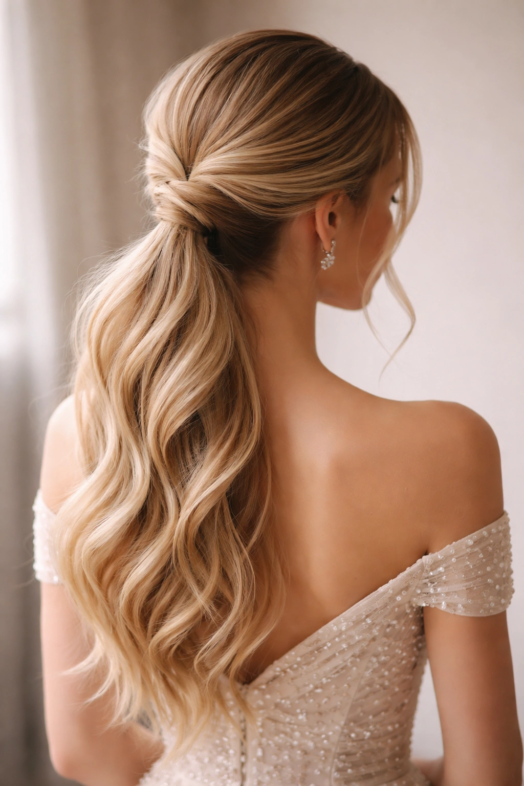 Low twisted ponytail with spiral twist at nape