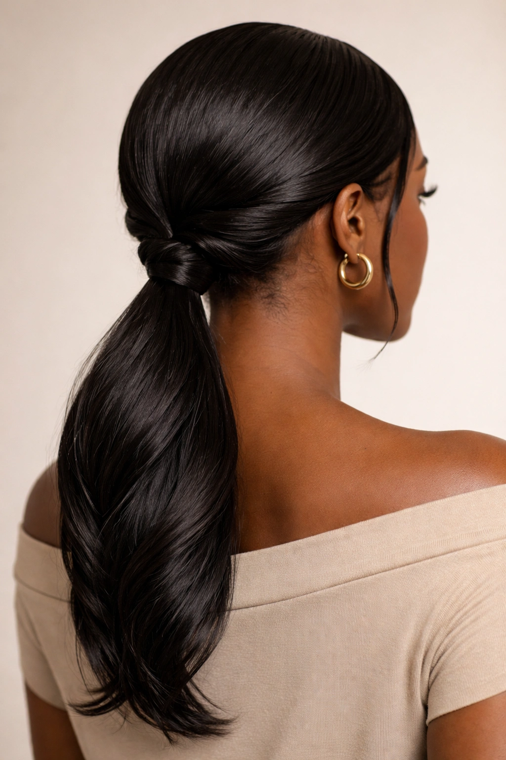 Low ponytail at nape with twisted sections
