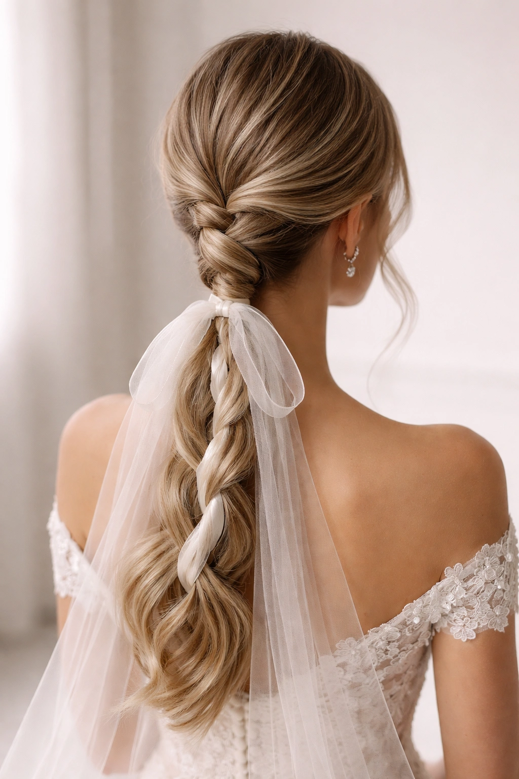 Low twisted ponytail woven with ribbon at the nape
