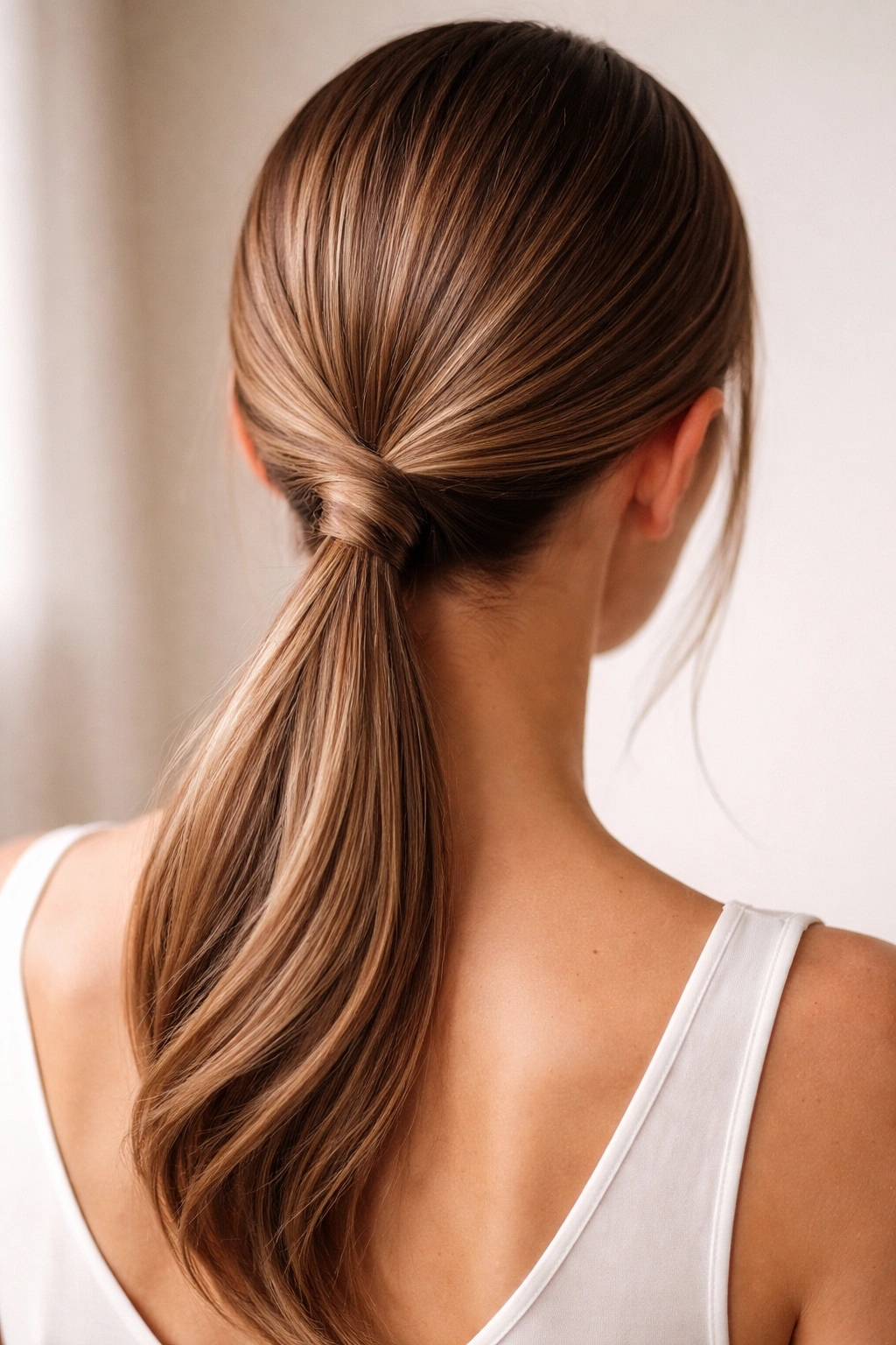 Back view of a low twisted ponytail on straight hair with a smooth, compact twist