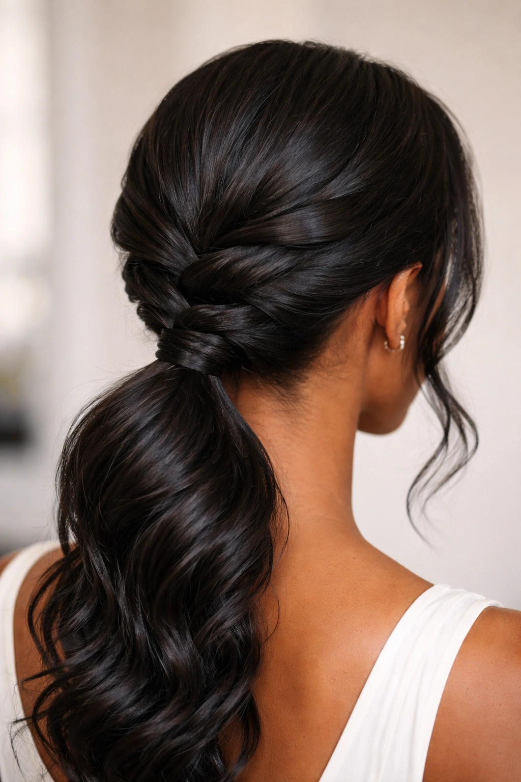 Low gathered ponytail with twists along the length