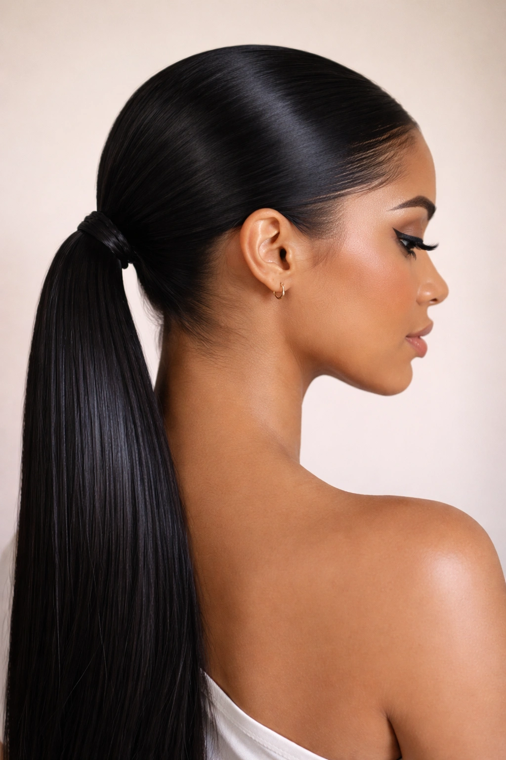 Profile view of a sleek low weave ponytail at the nape with straight hair