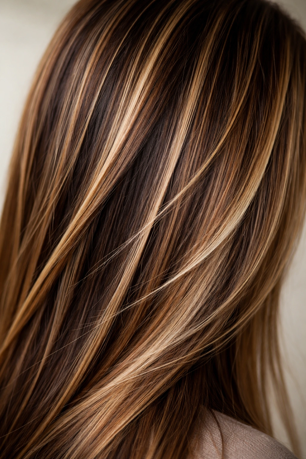 Close-up of straight hair with dark lowlights and light highlights creating multidimensional depth