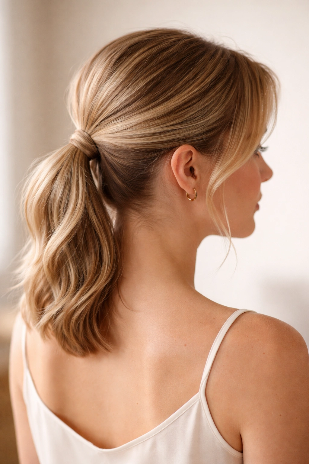 Low ponytail half up hairstyle with hair gathered at the nape