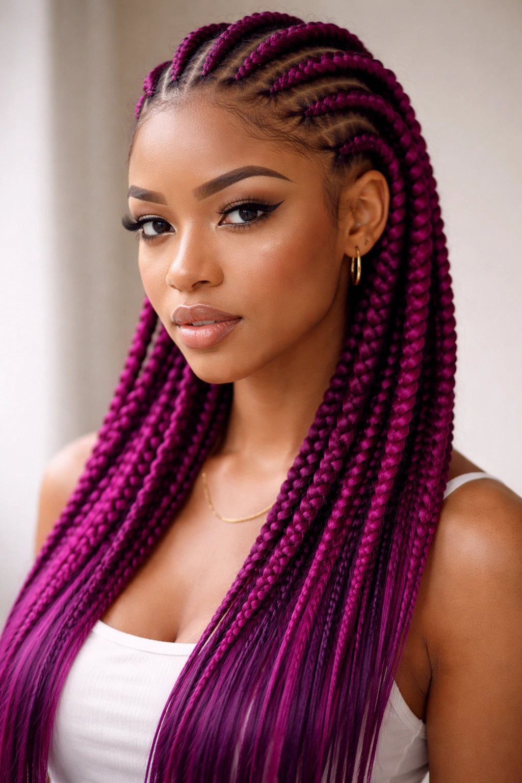 Close-up of magenta feed-in cornrows showing purple undertones and seamless blend